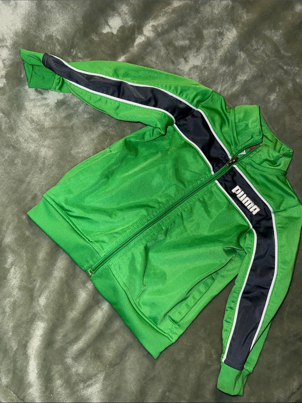 24m Puma Green Zip-Up Track Jacket with Black & White Sleeve Panels EUC